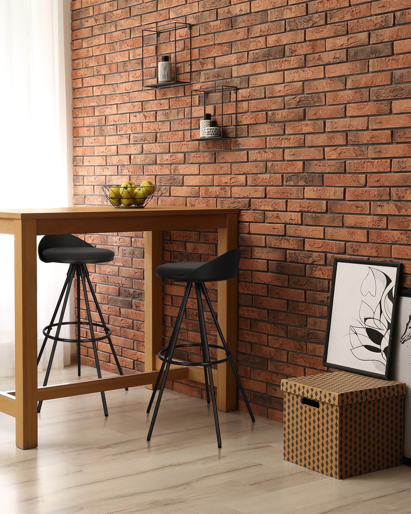 Elegant room interior with wooden table near brick wall